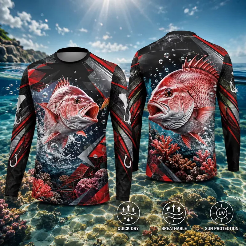 Fishing Shirt Uv Protection - 3D-Druck Lässiges Langarm-Angelhemd mit Rotem Schnapper-Motiv