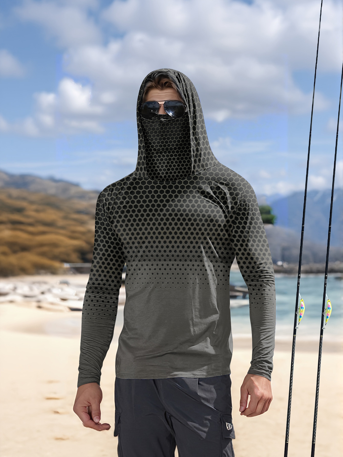 Fishing Shirt Uv Protection - Graues, farbverlaufendes Wabenmuster-Angelhemd für Herren mit